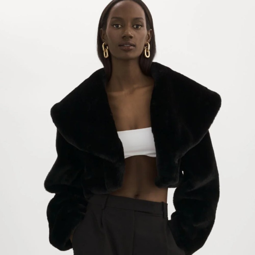 LAMARQUE Danika Faux Fur Crop Jacket Black Size Large NWT
